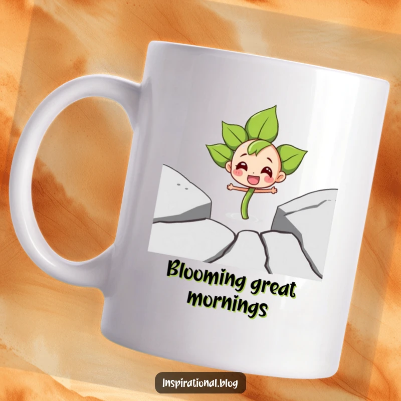 Funny mug featuring a determined sprout character joyfully pushing through a large pavement crack, symbolizing growth and strength.