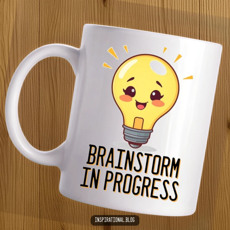 Funny mug featuring a smiling lightbulb character experiencing a flash of genius, symbolizing inspiration and bright ideas.