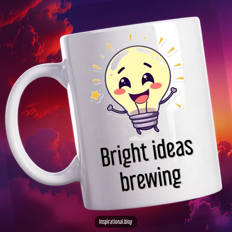 Funny Mug featuring a grinning lightbulb character bursting with colorful ideas, symbolizing creativity and wit.