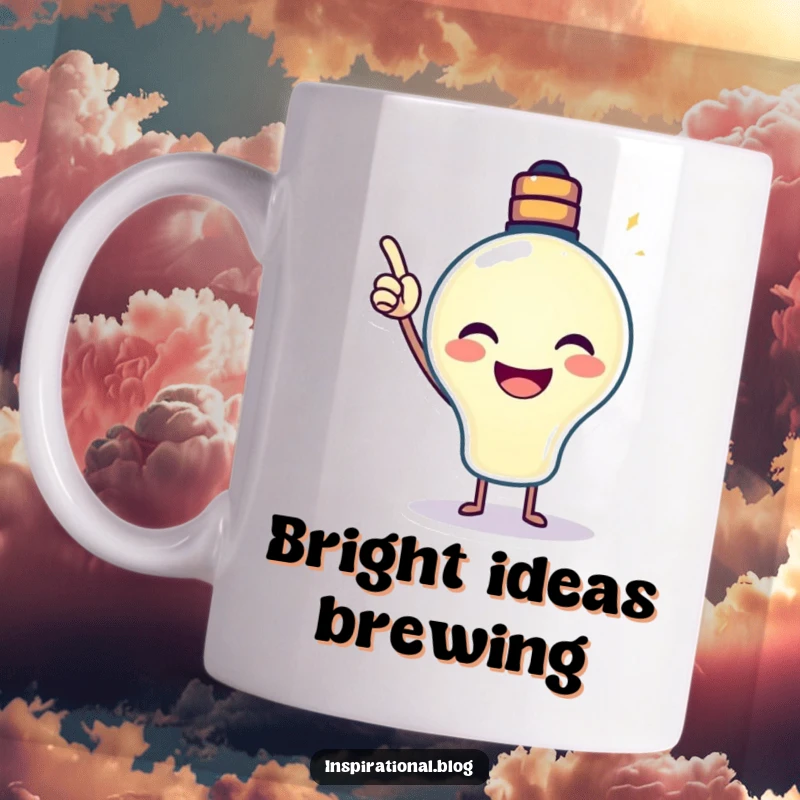 Funny Lightbulb Mug showing a smiling, beaming lightbulb character pointing its glow excitedly upwards, representing innovation.