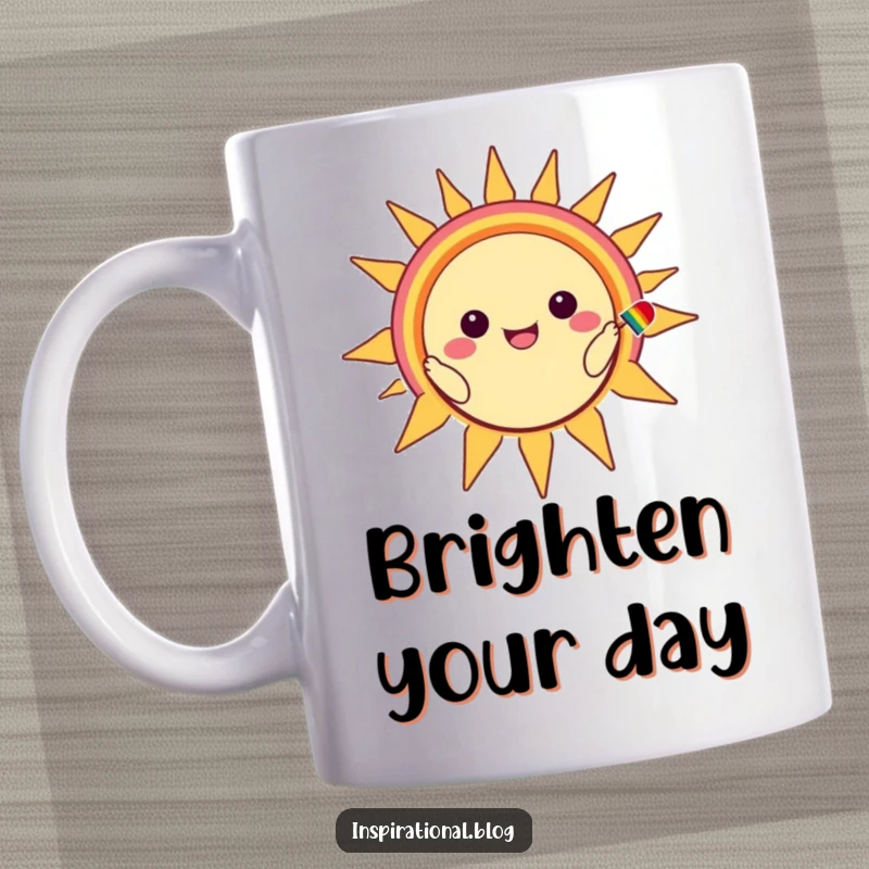Funny mug featuring a cute kawaii character adding a vibrant rainbow smile onto a happy, beaming sun face.