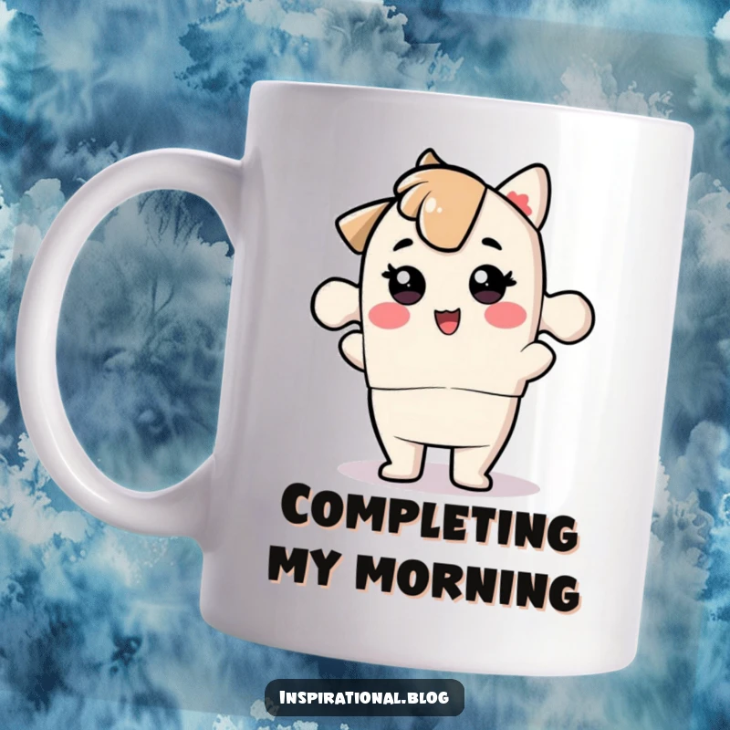 Funny jigsaw puzzle piece character joyfully snapping into place on a mug, symbolizing connection and completion.