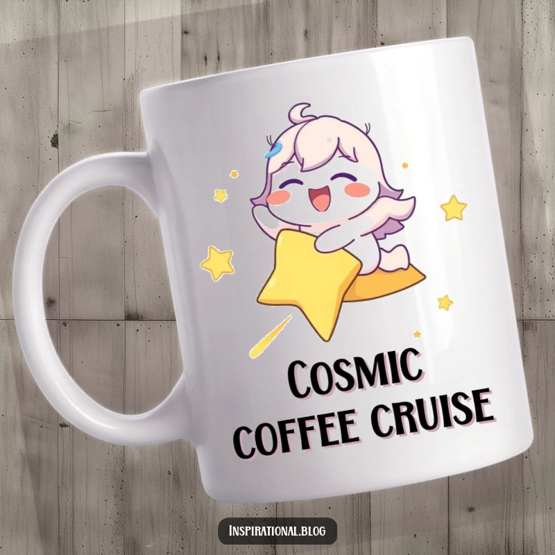 Funny mug with a delighted character eyes-closed, riding a bright shooting star across a starry sky.