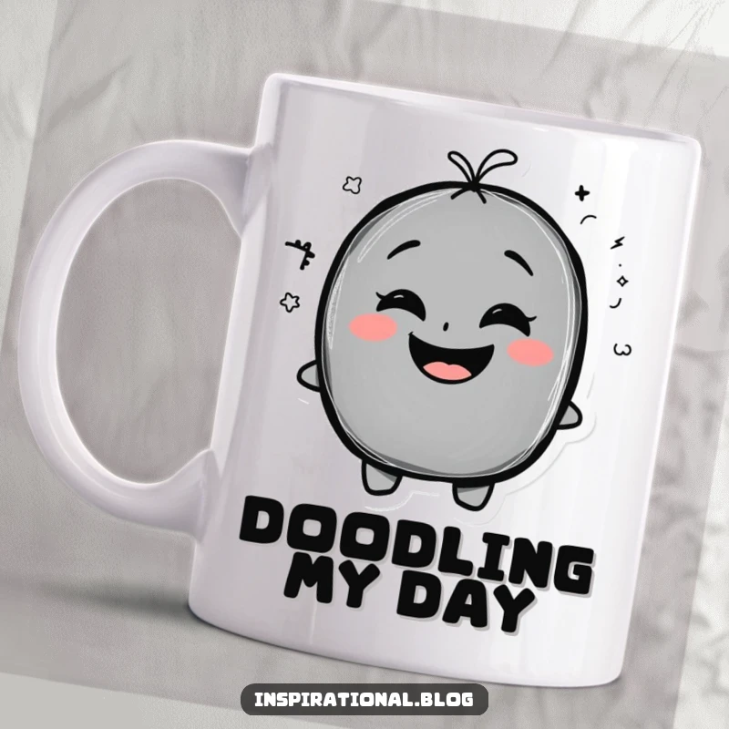 Funny Mug featuring a chalkboard character with an exaggerated smile and a quirky, humorous doodle.