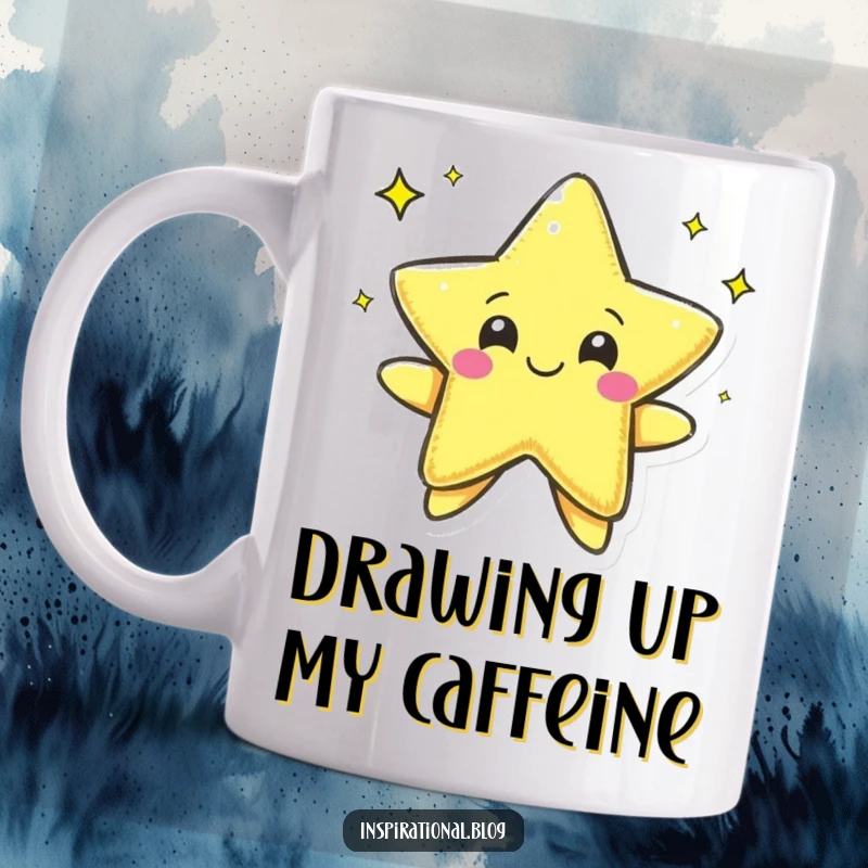Funny mug featuring a pen character cheerfully drawing a star, radiating creativity and optimistic energy.