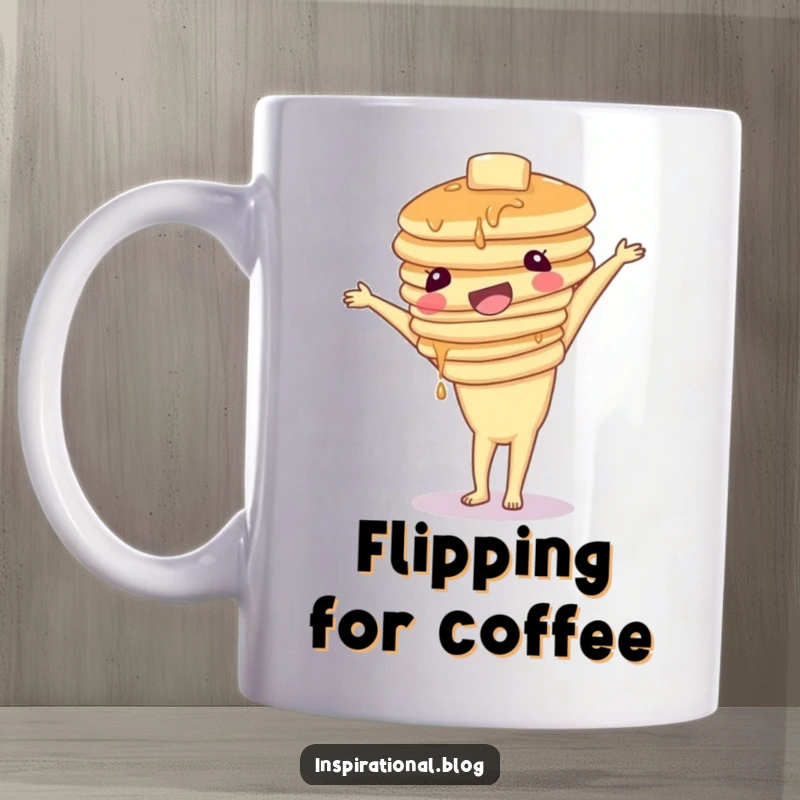 Funny mug showing a wobbly stack of pancakes comically attempting a handstand, representing effort and humorous struggle.