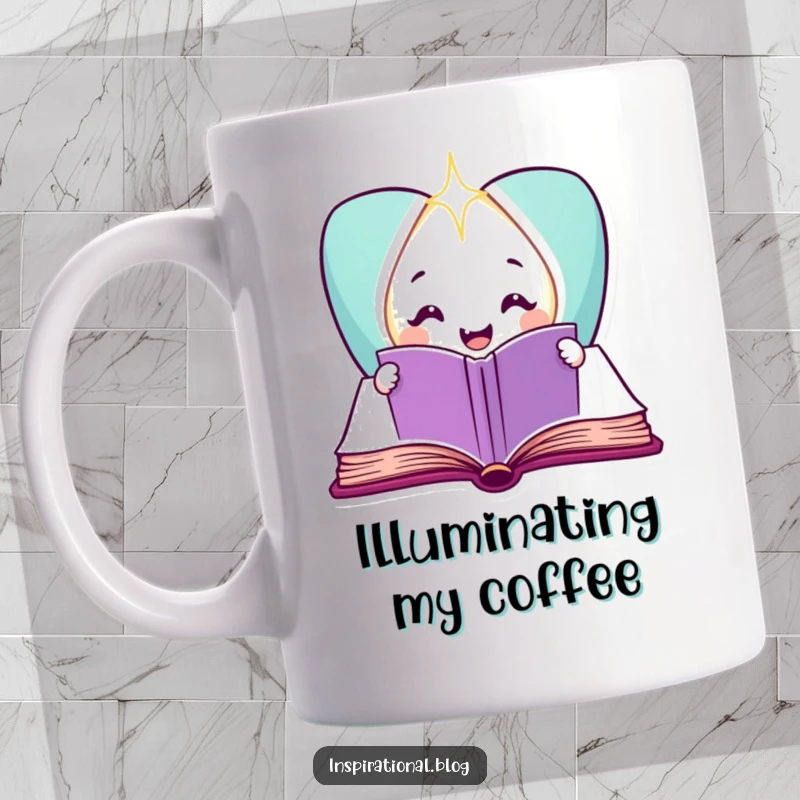 Funny smiling book character opening to reveal a sparkling light on a mug, symbolizing wisdom and discovery.