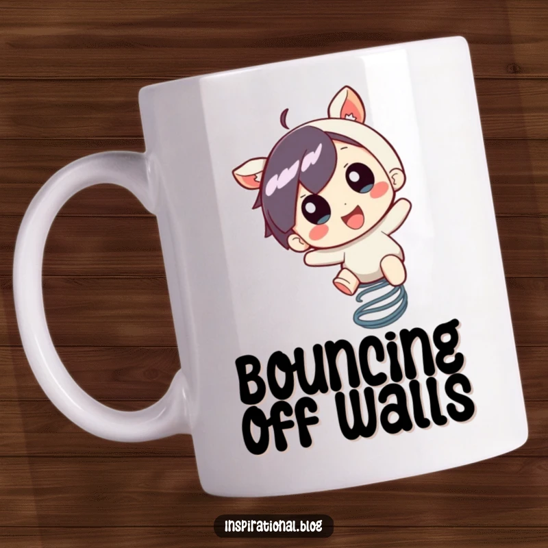 Funny Mug: A little character bounces gleefully on a spring, radiating pure, uncontainable excitement.