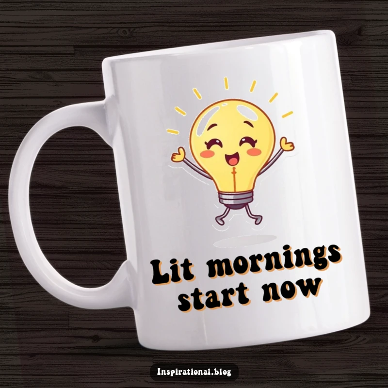 Funny mug featuring a dancing lightbulb character with a warm glow and energetic movement, representing bright ideas.