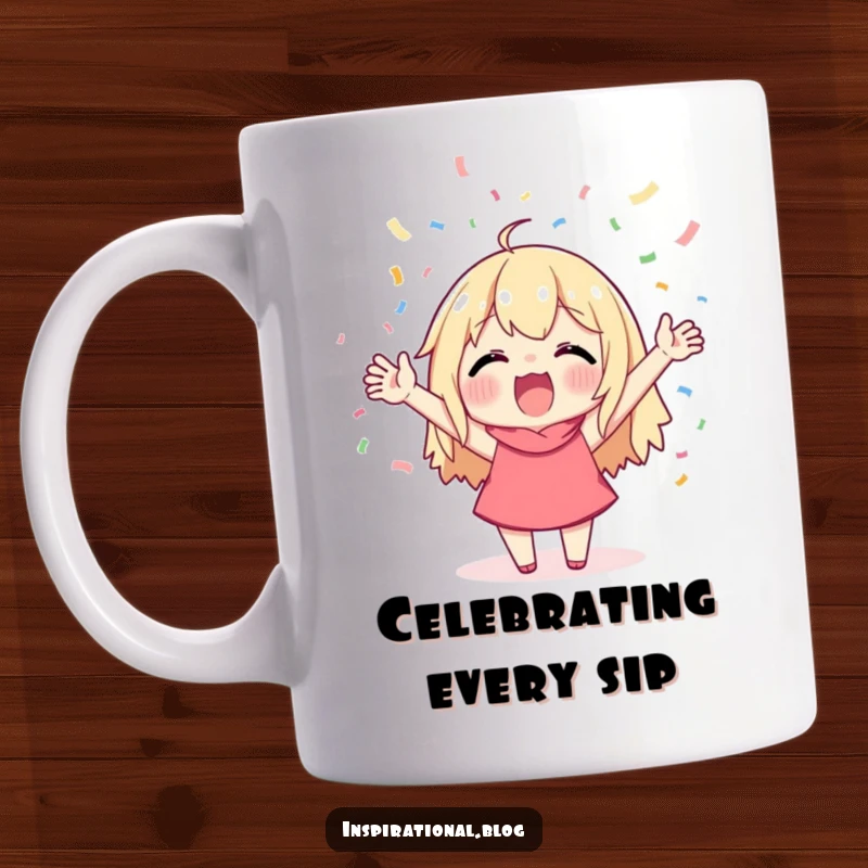 Funny mug featuring a character cheering wildly with arms raised as colorful confetti rains down, symbolizing pure celebration and excitement.