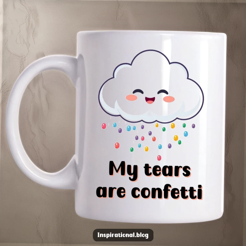 Funny rain cloud mug character giggling joyfully while sprinkling colorful raindrops, spreading happiness and cheer on a bright day.