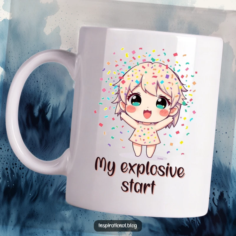 Funny mug depicting a character joyfully bursting with colorful confetti, symbolizing celebration and excitement.