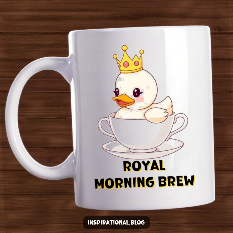Funny mug featuring a rubber duck wearing a tiny crown, majestically floating on a teacup, symbolizing luxurious relaxation and quirky humor.
