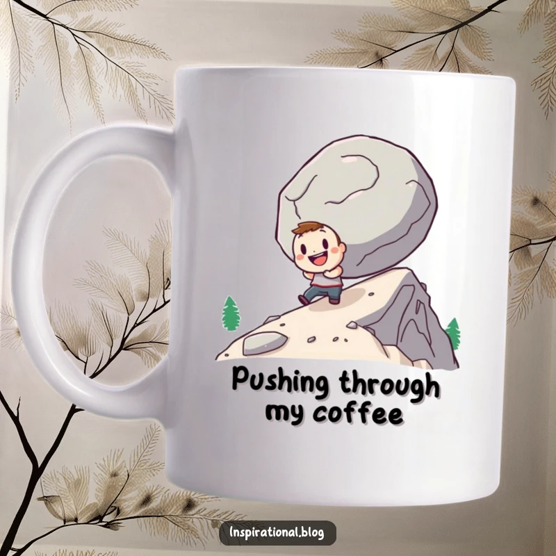 Funny mug depicting a small, determined character cheerfully pushing a giant boulder uphill, symbolizing perseverance and humor.