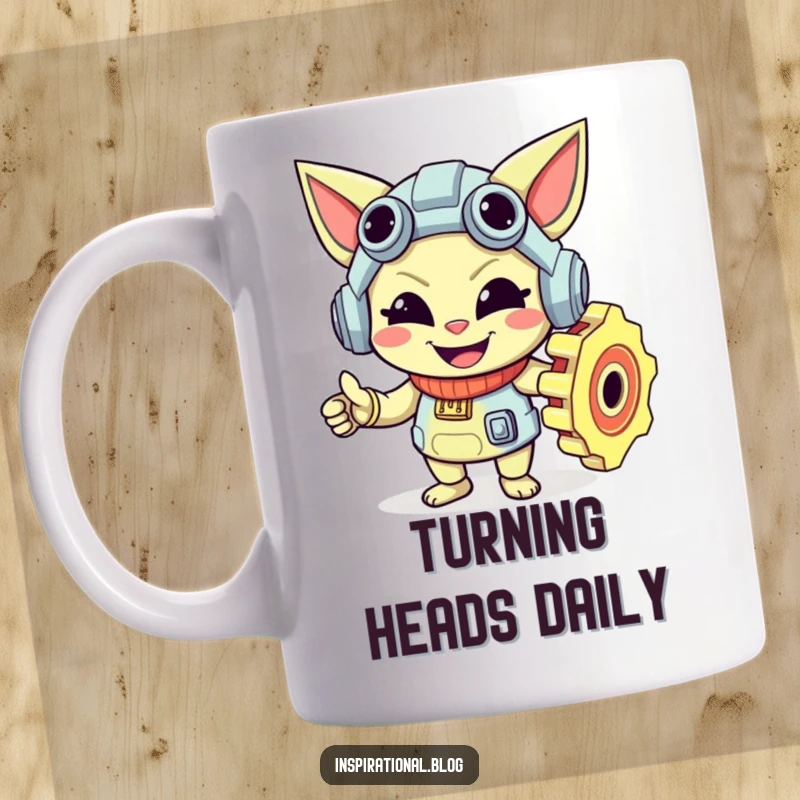 Funny, mischievous gear character with a wide smile, depicted in motion, on a mug, symbolizing playful mechanics.