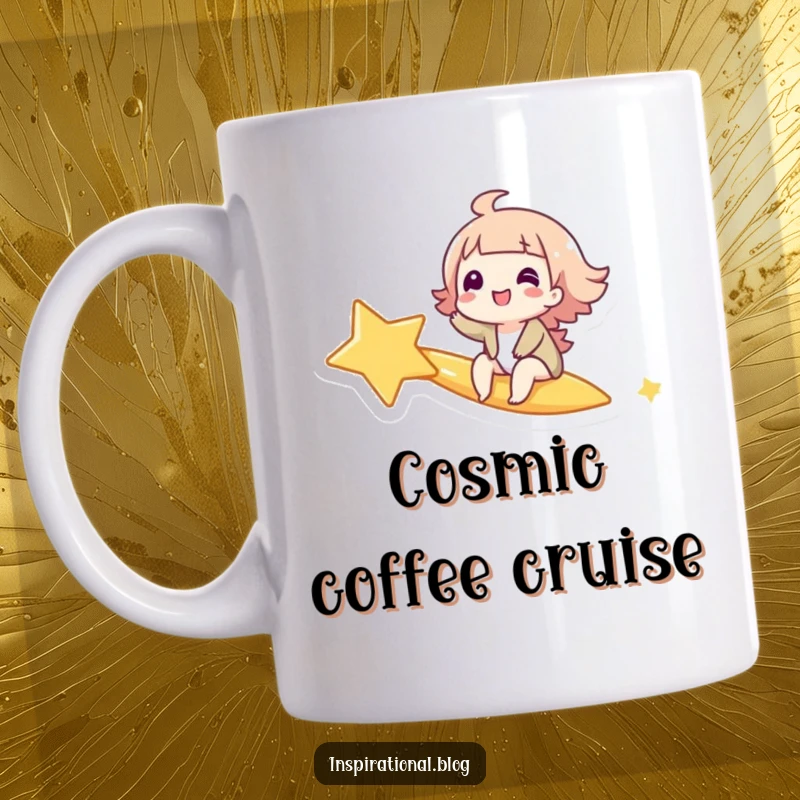 Funny mug of a giggling character joyfully riding a shooting star with an expression of pure wonder and excitement.