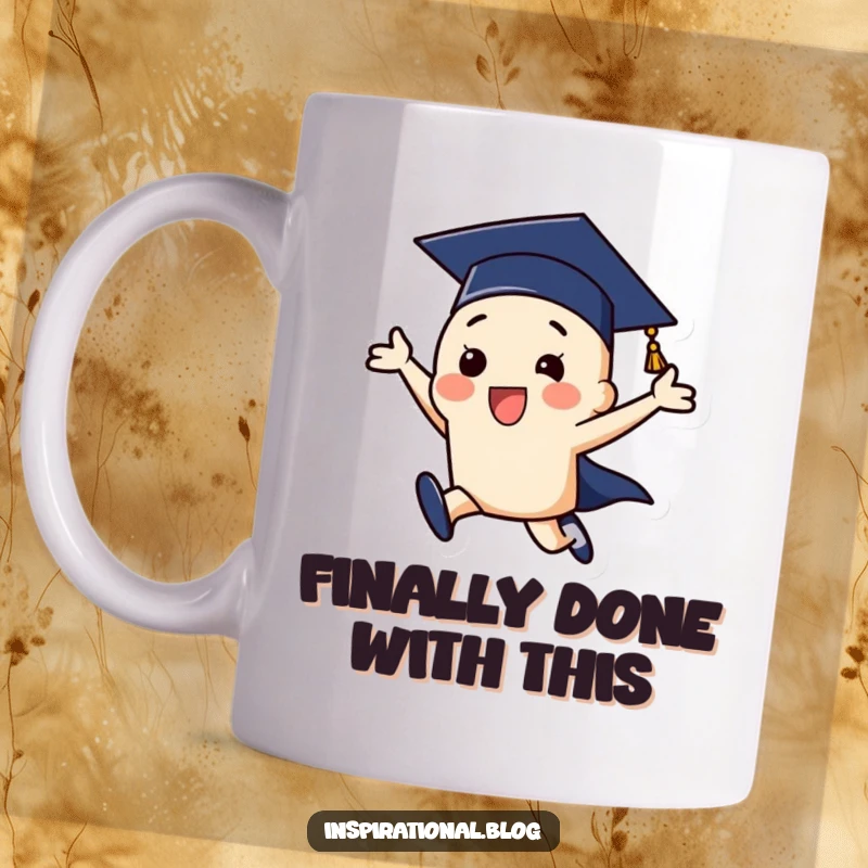 Funny graduation cap character doing a celebratory leap with pure joy, perfect for gifting to a recent graduate.