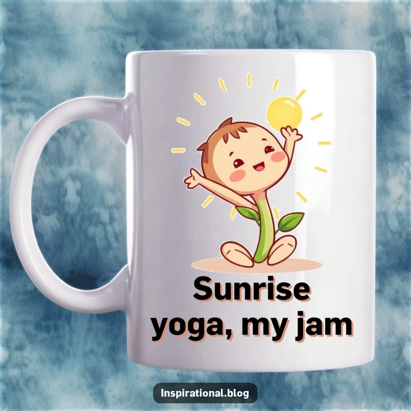 Funny seedling character joyfully stretching its leaves towards the bright sun, embodying optimism and new beginnings on a mug.