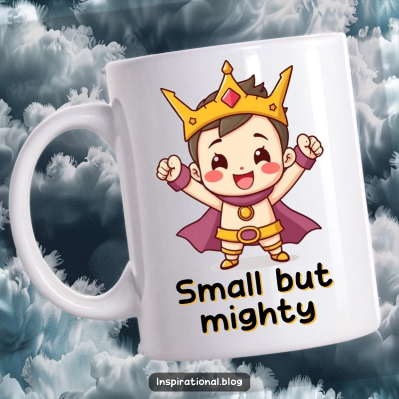 Funny Hero Mug showing a cheerful, tiny character striking a heroic pose with a triumphant smile, symbolizing victory.