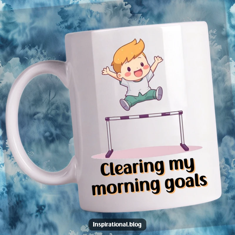 Funny mug with a character joyfully leaping high over a hurdle, representing overcoming obstacles with energy and happiness.