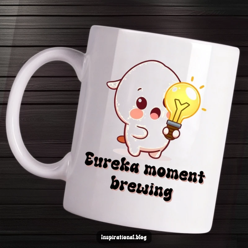 Funny mug showing a kawaii character with a surprised expression, holding a brightly glowing idea lightbulb above their head.