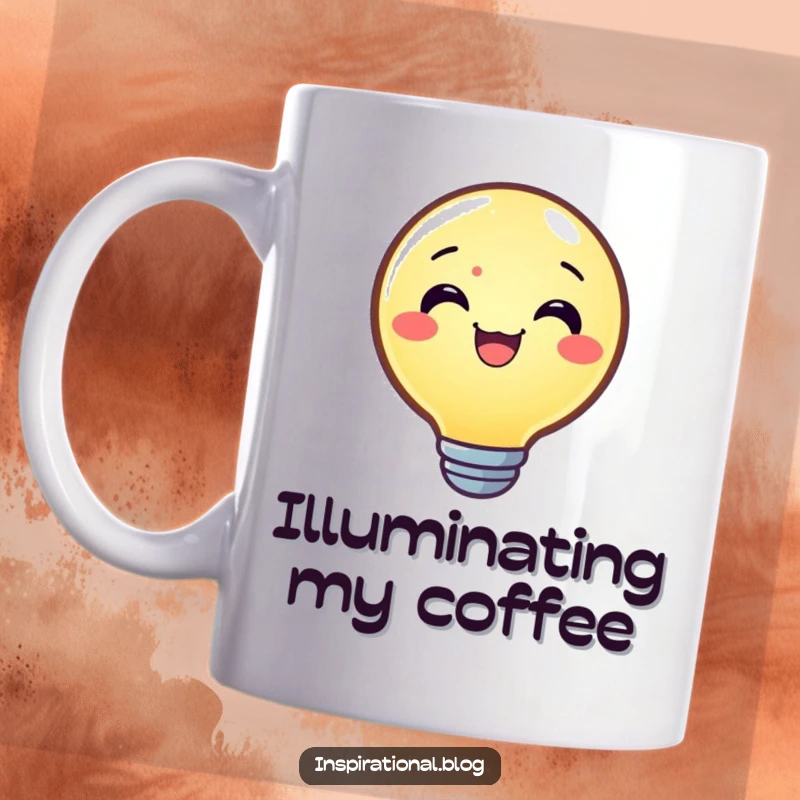Funny mug featuring a joyful lightbulb character shining brightly, symbolizing bright ideas and positive energy.