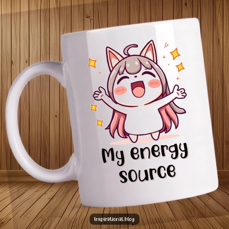 Funny mug with a kawaii character cheering enthusiastically, surrounded by sparkling starbursts, radiating pure excitement.