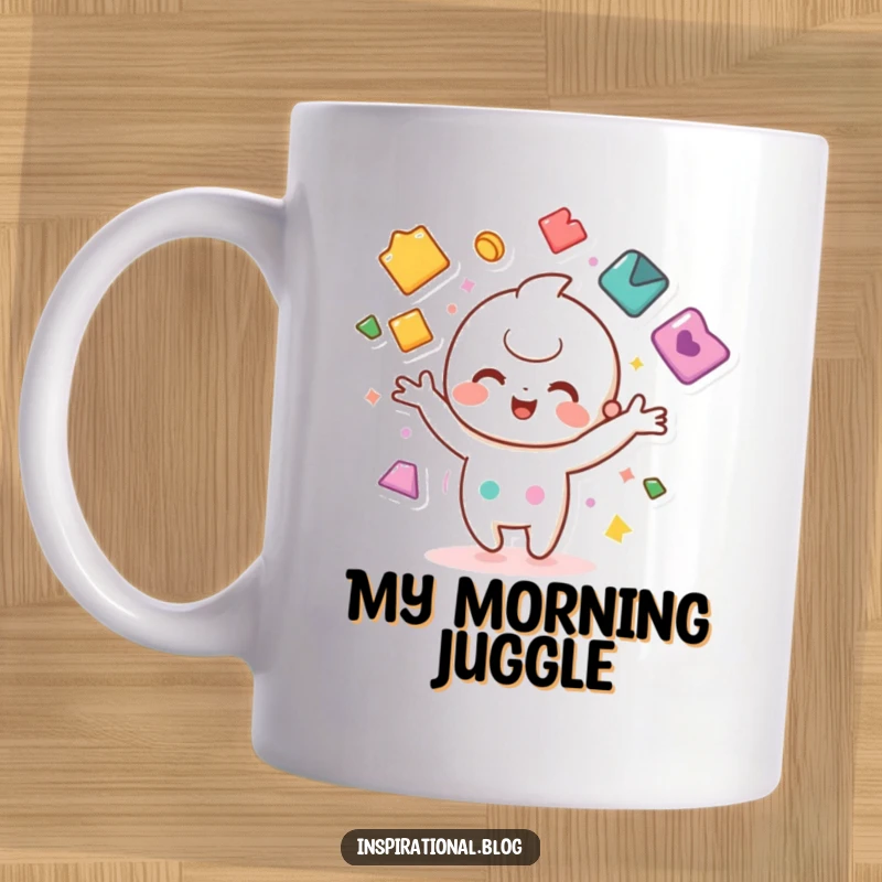 Funny mug with a kawaii character joyfully juggling various colorful shapes, displaying impressive coordination and fun.
