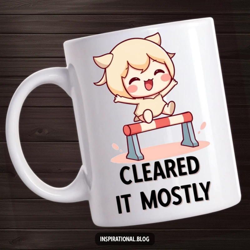 Funny mug showcasing a cute kawaii character in mid-air, energetically leaping over a tiny hurdle with pure joy and determination.