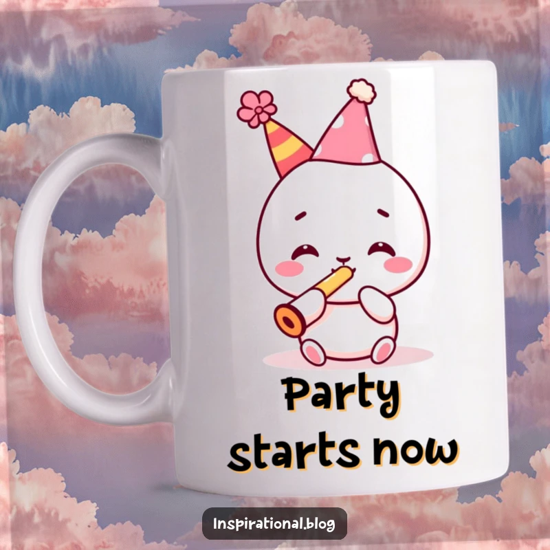 Funny mug with a kawaii character wearing a festive party hat, energetically blowing a kazoo, ready to party.