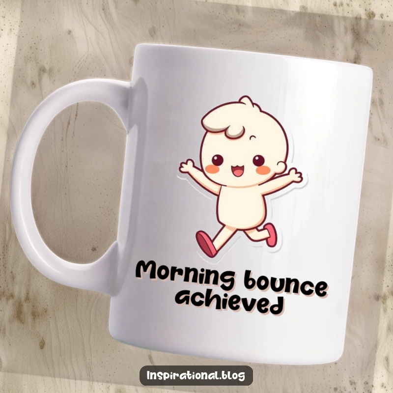 Funny mug with a kawaii character happily skipping, displaying a light, bouncy step, radiating pure joy and energy.