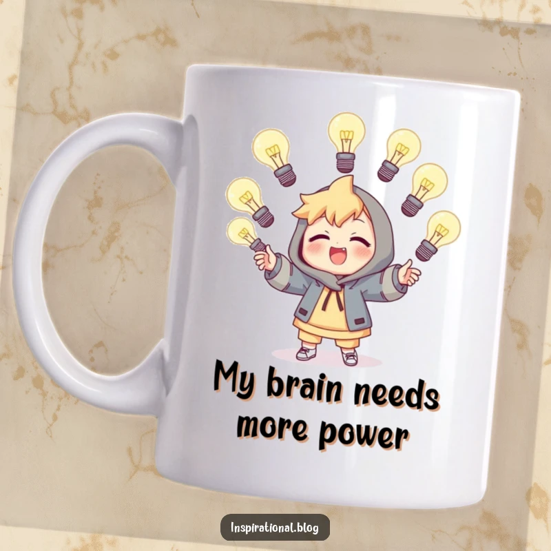 Funny mug showing a character enthusiastically juggling several glowing light bulbs, symbolizing creative ideas and playful energy.