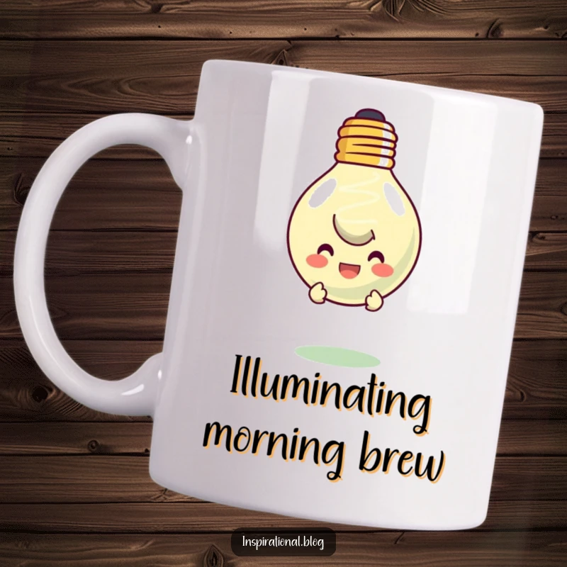Funny mug depicting a curious character peeking from behind a large, floating, smiling lightbulb, suggesting a bright idea.