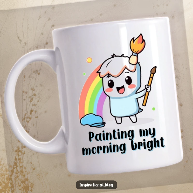 Funny Mug featuring a cheerful paintbrush character joyfully creating a vibrant rainbow, symbolizing creativity and colorful expression.