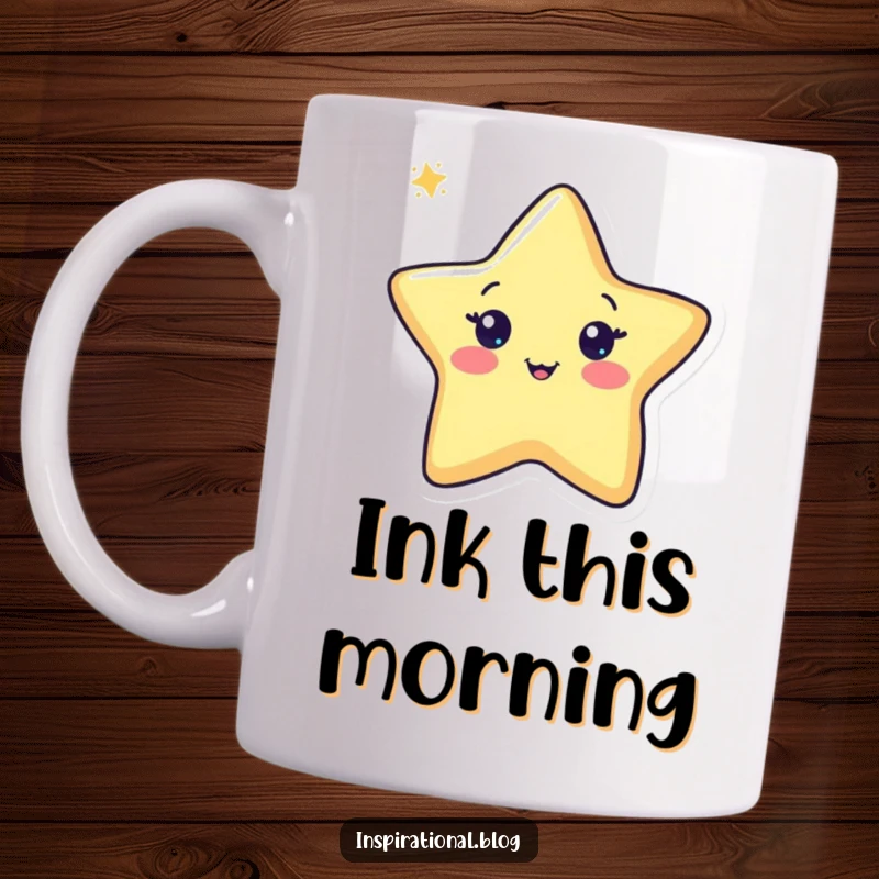 Funny pen mug showing a cute pen character happily drawing a sparkling star, radiating creativity and cheerful artistic energy.