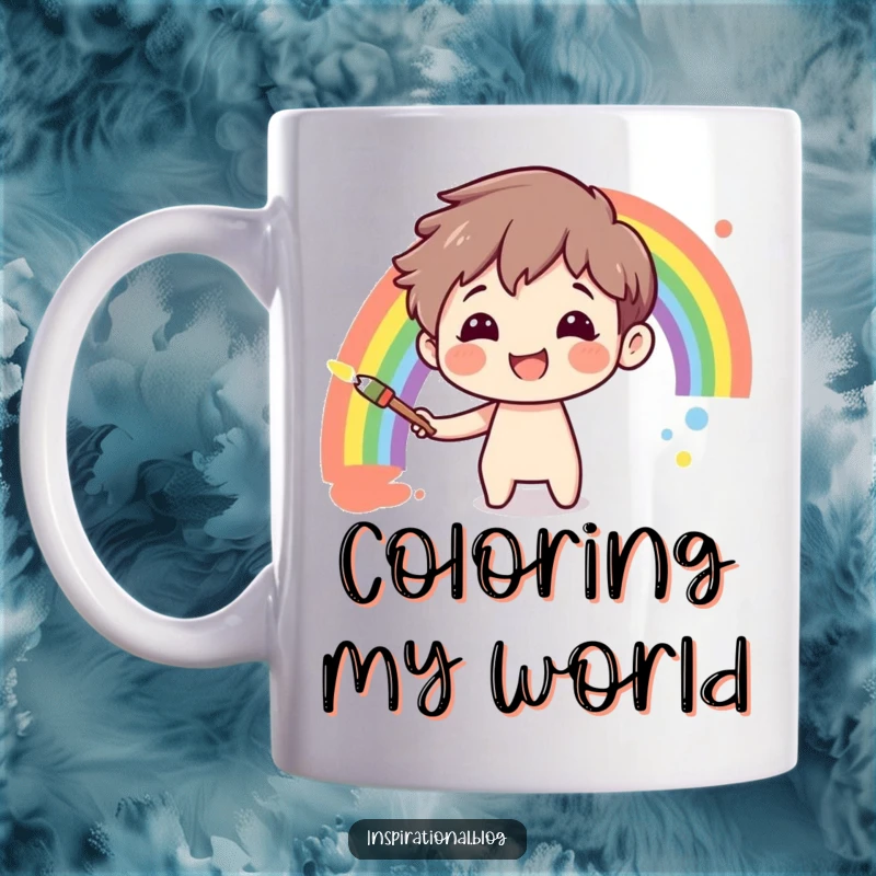 Funny character with a big smile painting a vibrant rainbow on a clean canvas, depicted on a cheerful mug.