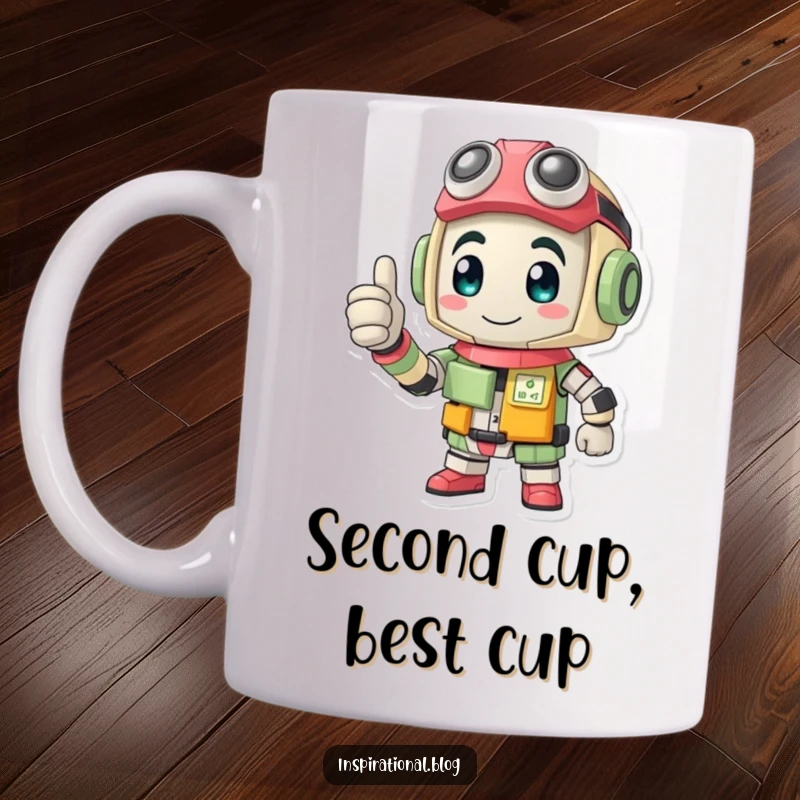 Funny mug featuring a determined character constructed from recycled items giving a positive thumbs-up gesture.