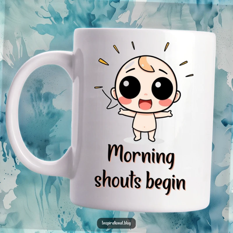 Funny Mug featuring a speech bubble character shouting with loud excitement and an energetic, joyful expression.