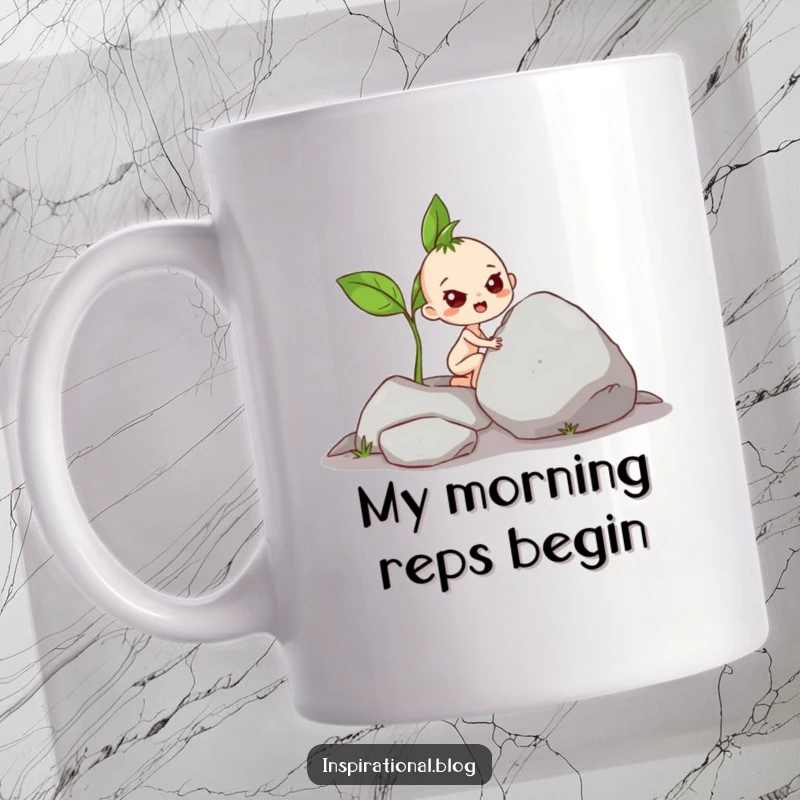 Funny Mug: Tiny determined sprout character heroically pushing a massive rock uphill, symbolizing strength and humor.