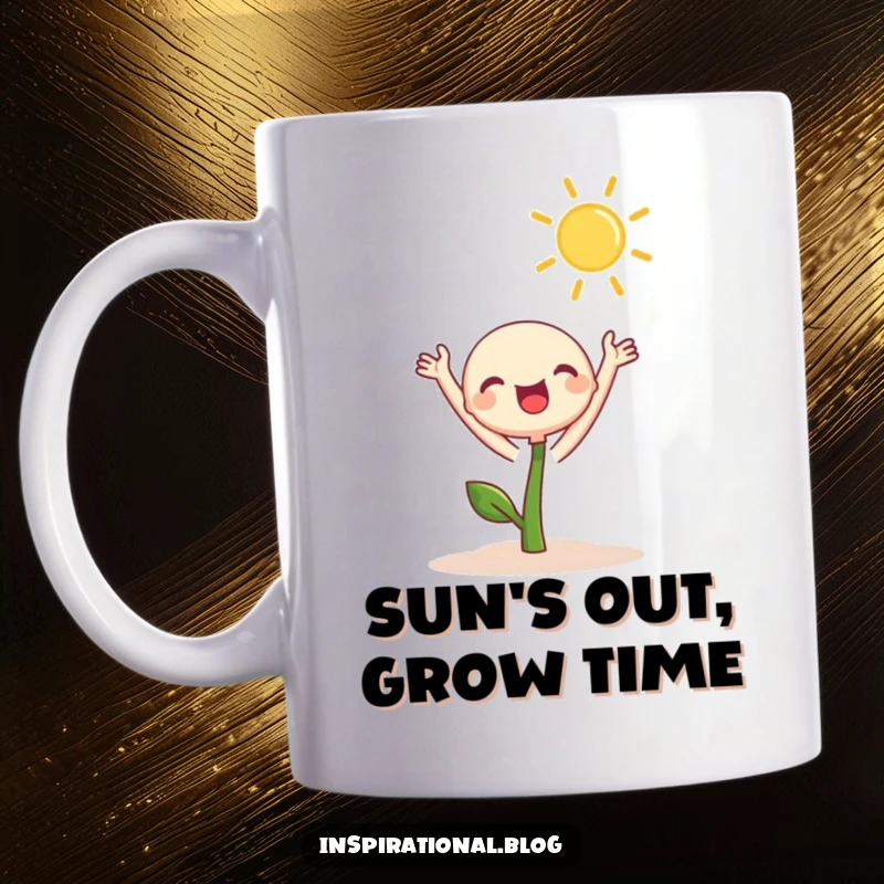 Funny Mug featuring a cute sprout character joyfully stretching its leaves towards a bright, warm sun, symbolizing growth and happiness.