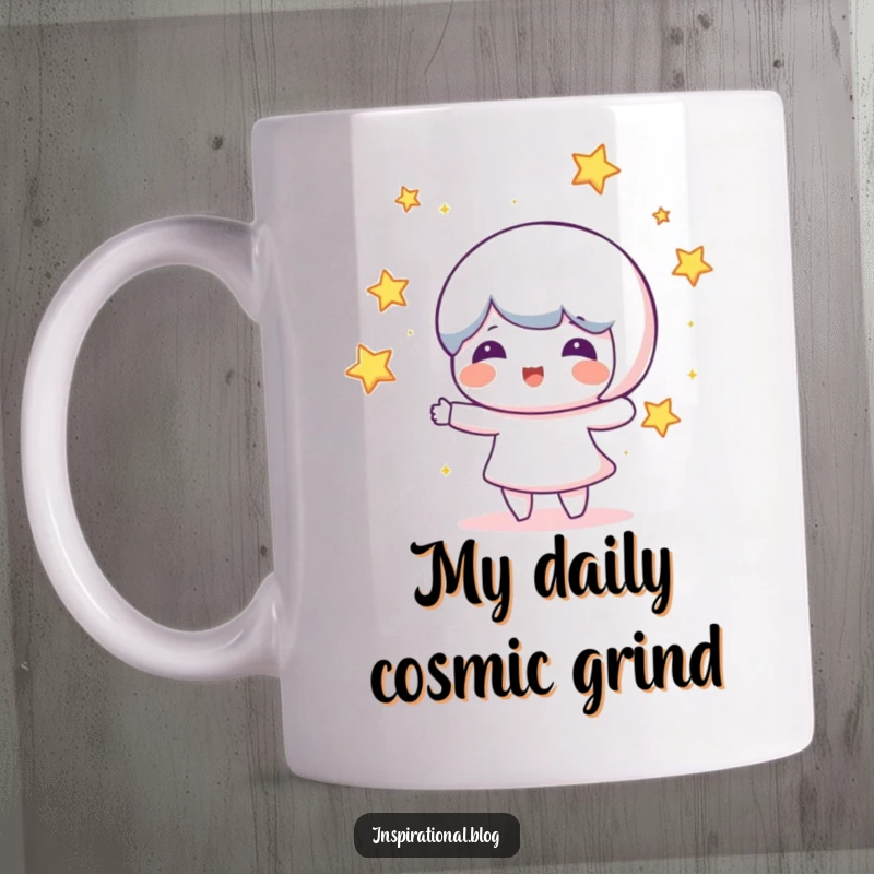 Funny mug showcasing a happy character energetically juggling small, bright stars, radiating joy and cosmic wonder.