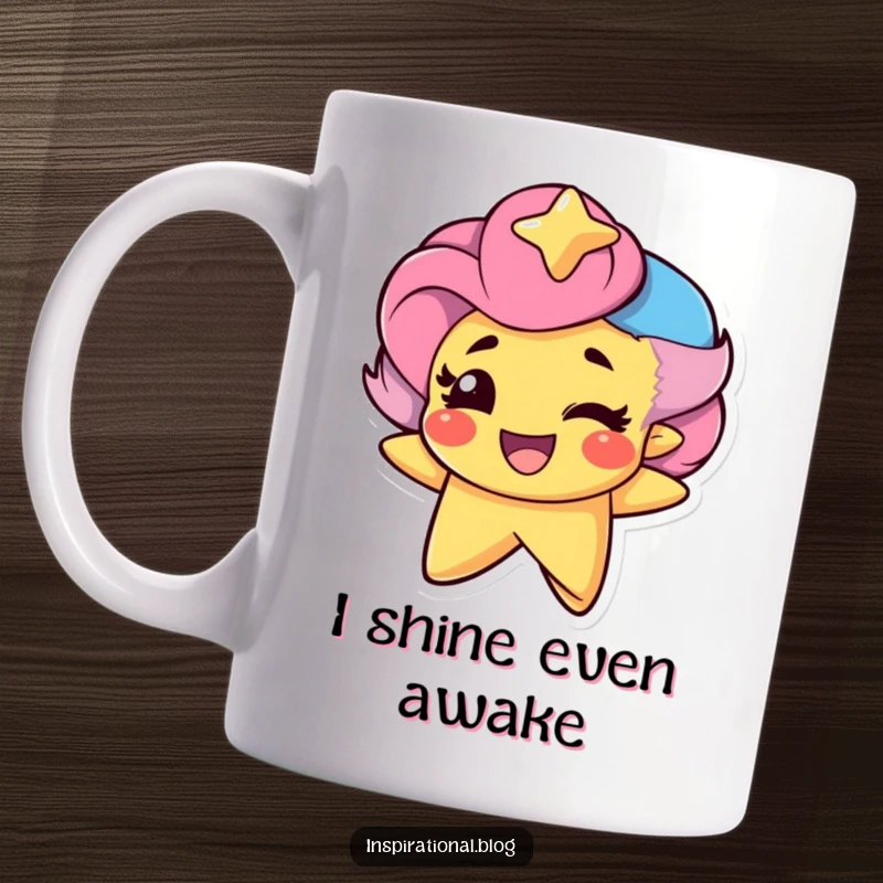 Funny Star Character winking with a proud smile, radiating confidence and joy on a ceramic mug, perfect for a cheerful morning.