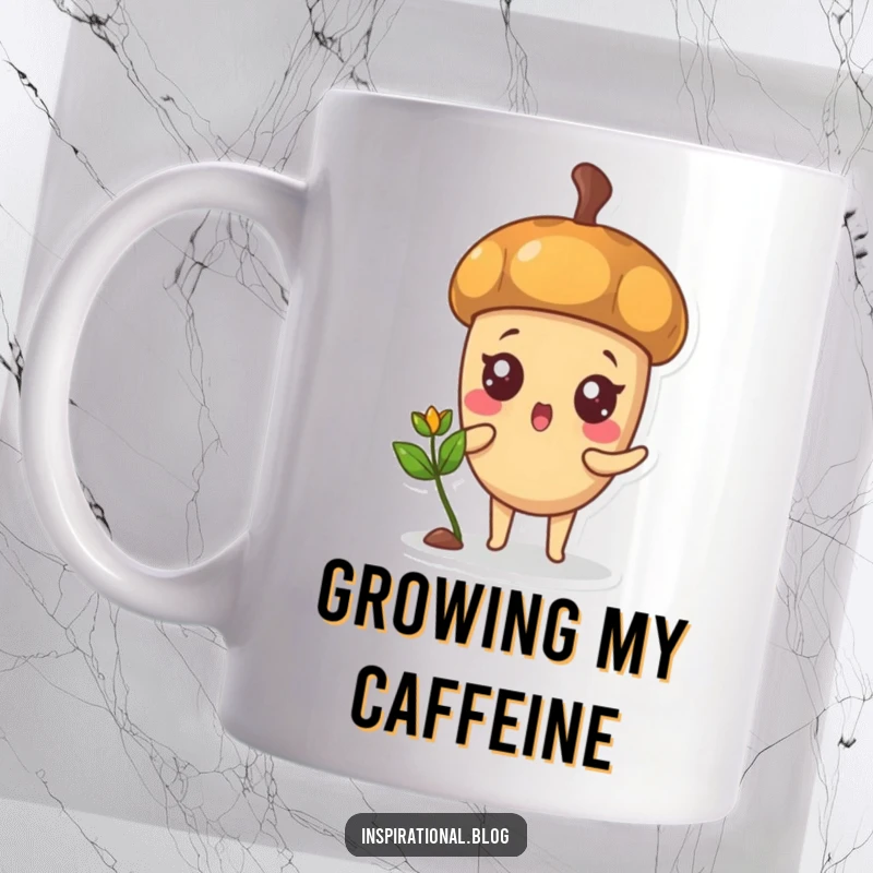 Funny mug featuring a surprised acorn character sprouting a tiny, happy green sprout, symbolizing new beginnings.