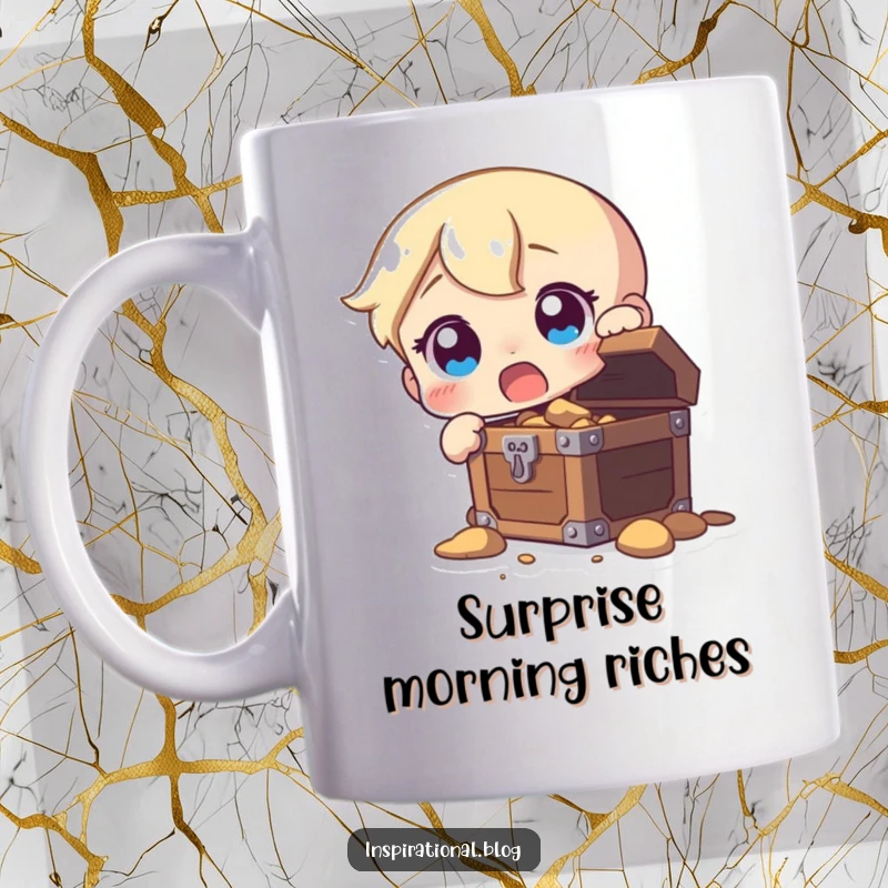 Funny mug depicting a character with wide, surprised eyes staring at an open treasure chest filled with riches.
