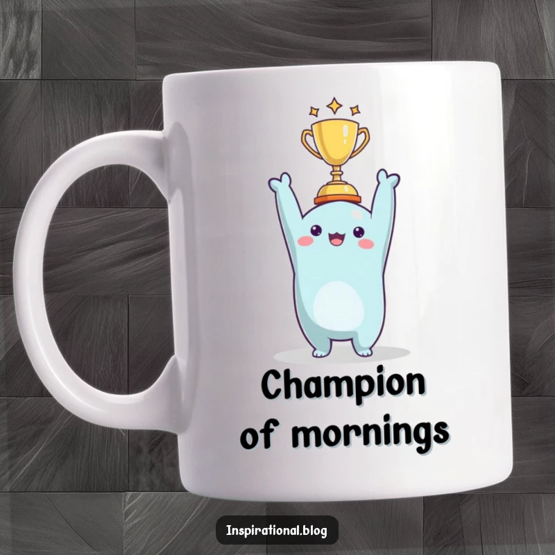 Funny character triumphantly holding a tiny trophy aloft, celebrating a small victory with immense joy on a mug.