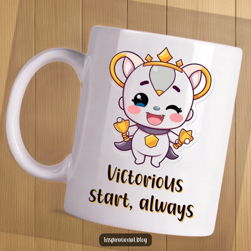 Funny Trophy Character beaming with pride, holding its head high on a ceramic mug, celebrating ultimate victory.