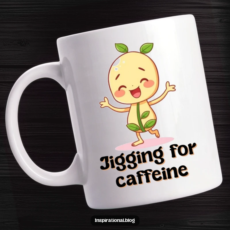 Funny, cheery seedling character joyfully doing a little jig, celebrating growth and happiness, on a mug.