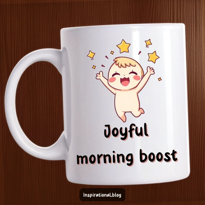 Funny Mug: A tiny character leaps joyfully with eyes closed, stars bursting around its head, conveying pure elation and energetic happiness.