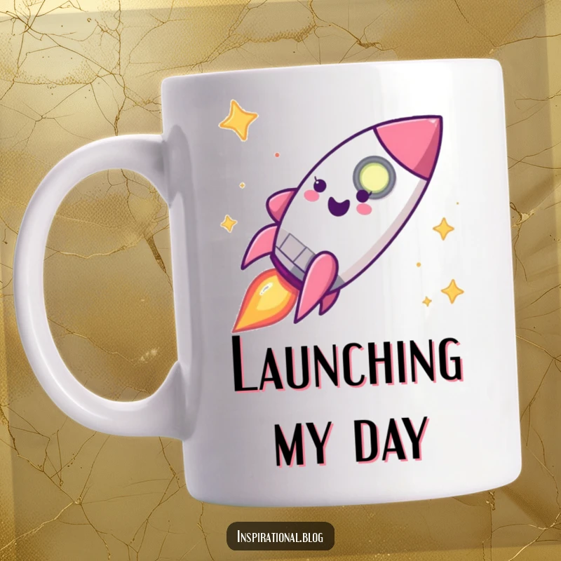 Funny happy rocket ship character excitedly blasting off with flames on a mug, symbolizing adventure and speed.