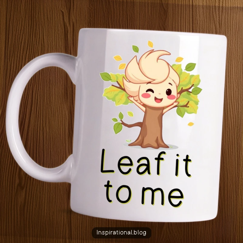 Funny mug featuring a playful wind gust character scattering colorful leaves around a grinning tree, evoking autumn joy.